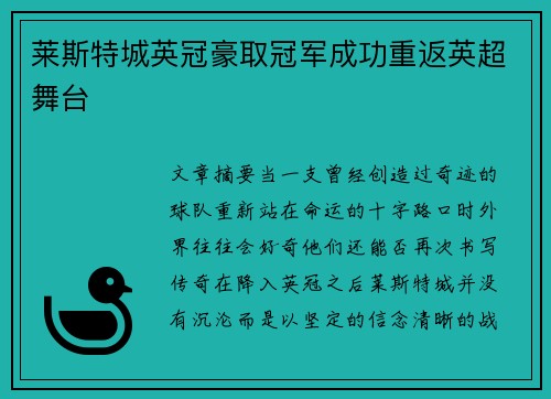 莱斯特城英冠豪取冠军成功重返英超舞台 莱斯特城英冠豪取冠军成功重返英超舞台