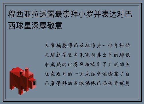 穆西亚拉透露最崇拜小罗并表达对巴西球星深厚敬意 穆西亚拉透露最崇拜小罗并表达对巴西球星深厚敬意