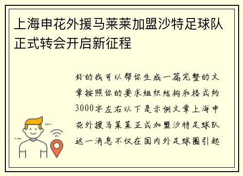 上海申花外援马莱莱加盟沙特足球队正式转会开启新征程